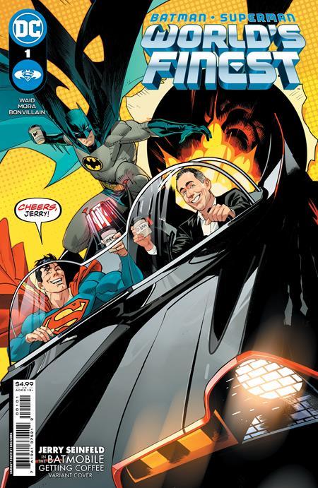 BATMAN SUPERMAN WORLDS FINEST #1 CVR J DAN MORA JERRY SEINFELD IN THE BAT-MOBILE GETTING COFFEE CARD STOCK VAR